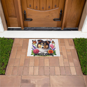 Shetland Sheepdog with Flowers and Butterflies Doormat