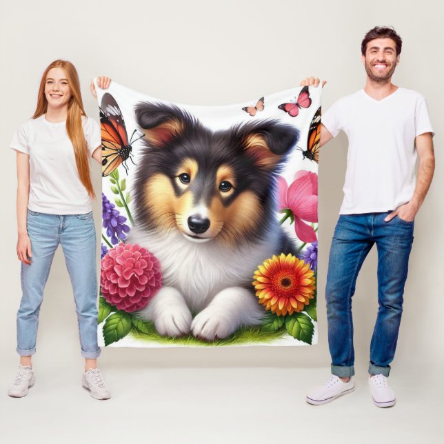 Shetland Sheepdog with Flowers and Butterflies Fleece Blanket (In Situ)