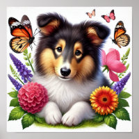 Shetland Sheepdog with Flowers and Butterflies