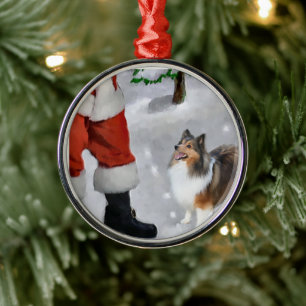 Shetland Sheepdog With Santa Christmas  Metal Ornament