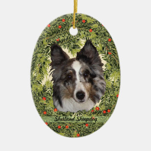Shetland Sheepdog Wreath Ceramic Tree Decoration
