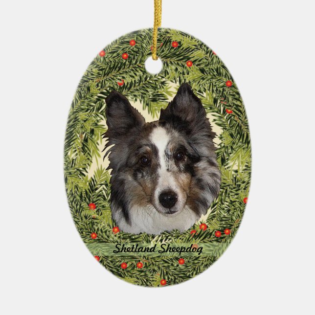 Shetland Sheepdog Wreath Ceramic Tree Decoration (Front)