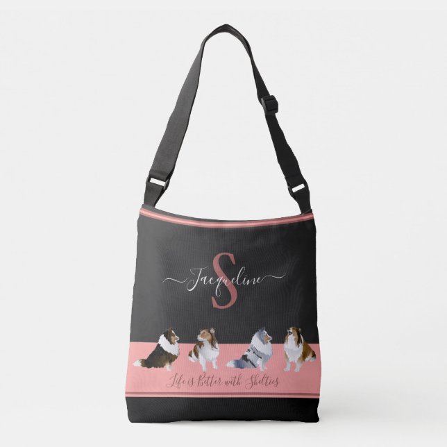 Shetland Sheepdogs, Row of Shelties, Black & Pink Crossbody Bag (Front)