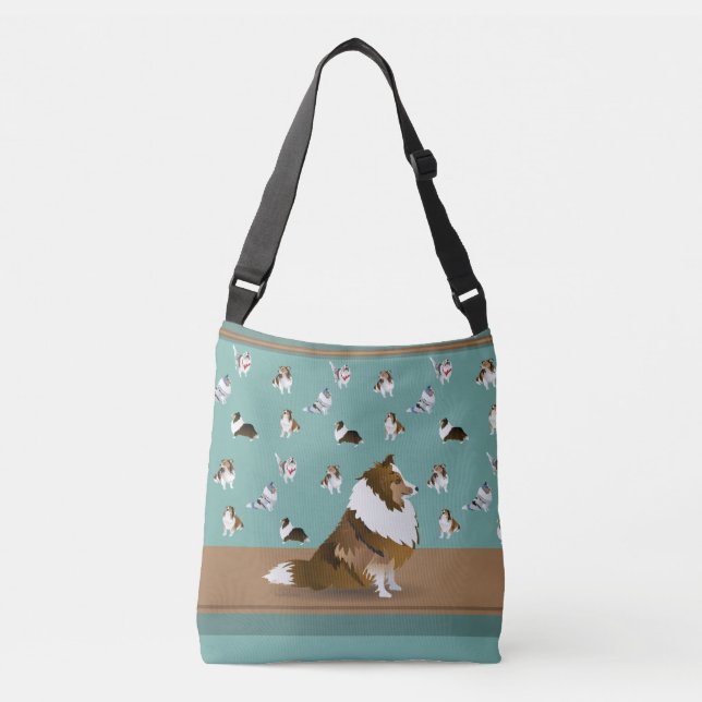 Shetland Sheepdogs: Sable Sheltie on Green Crossbody Bag (Front)