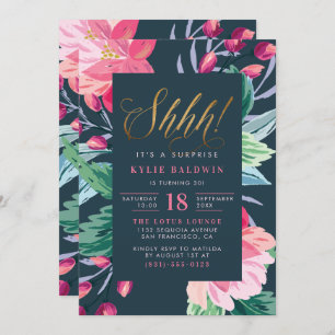 Shh! Gold Glitter Script Floral Surprise Birthday Invitation
