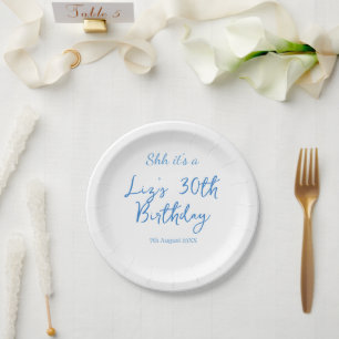 shh its a 30th birthday name date blue simple mini paper plate