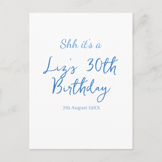 shh its a 30th birthday name date blue simple mini postcard (Front)