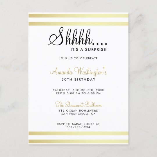 Shh It S A Surprise Modern Gold Birthday Party Invitation Postcard Zazzle Com Au