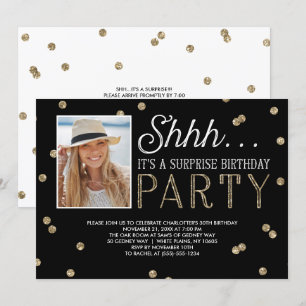 Shh Surprise Bday Party Glitter Photo Invitation