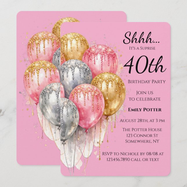 Shh Surprise Birthday Party in Pink Silver & Gold Invitation (Front/Back)