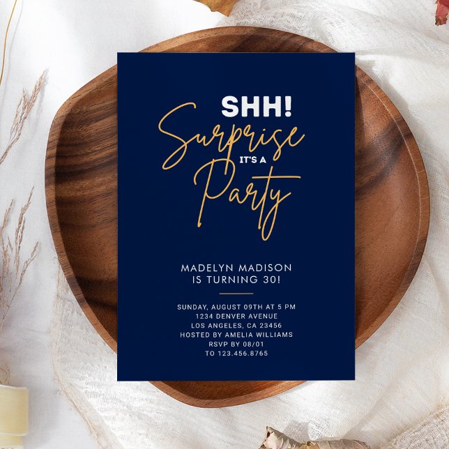 SHH! Surprise Birthday Party Navy Blue Elegant Invitation (SHH! Surprise Birthday Party Navy Blue Elegant Invitation
)