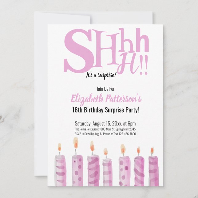 Shhh It's a Surprise 16th Birthday Party Pink Invitation (Front)