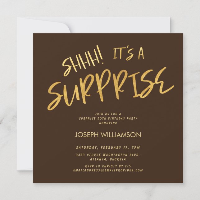 Shhh! It's a Surprise 50th Birthday Gold Brown Invitation (Front)