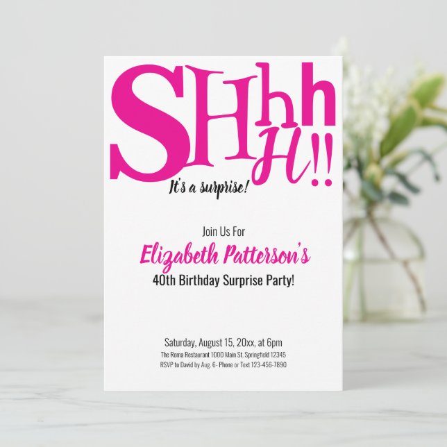 Shhh It's a Surprise Birthday Party 40 Adult Pink Invitation (Standing Front)