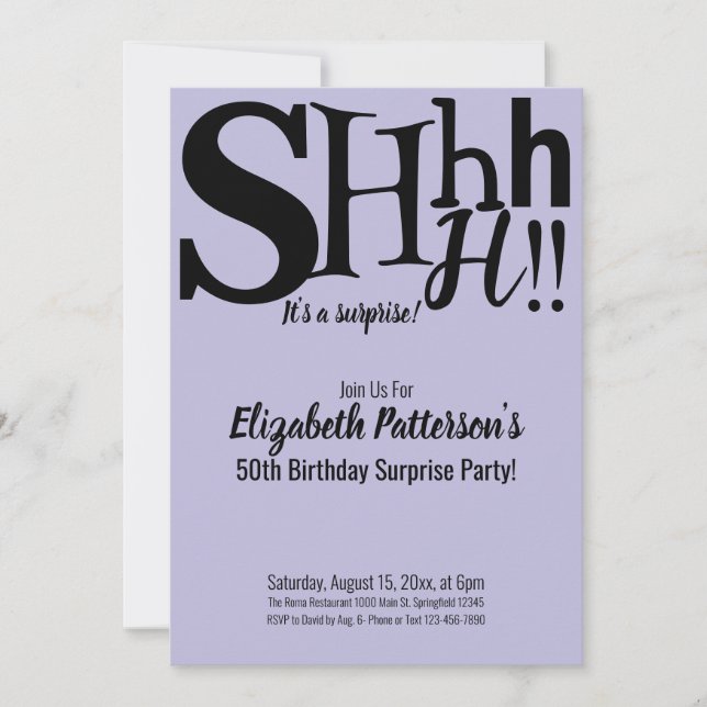 Shhh It's a Surprise Birthday Party Adult Purple Invitation (Front)