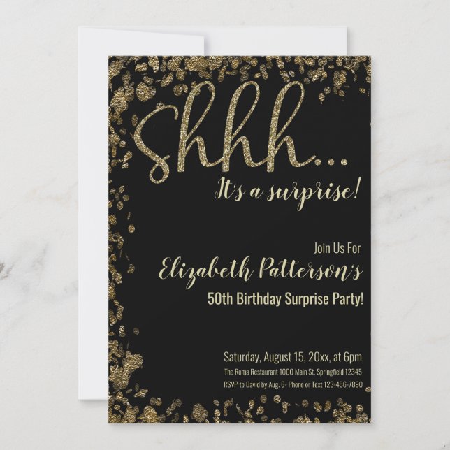 Shhh It's a Surprise Birthday Party Gold Adult  Invitation (Front)