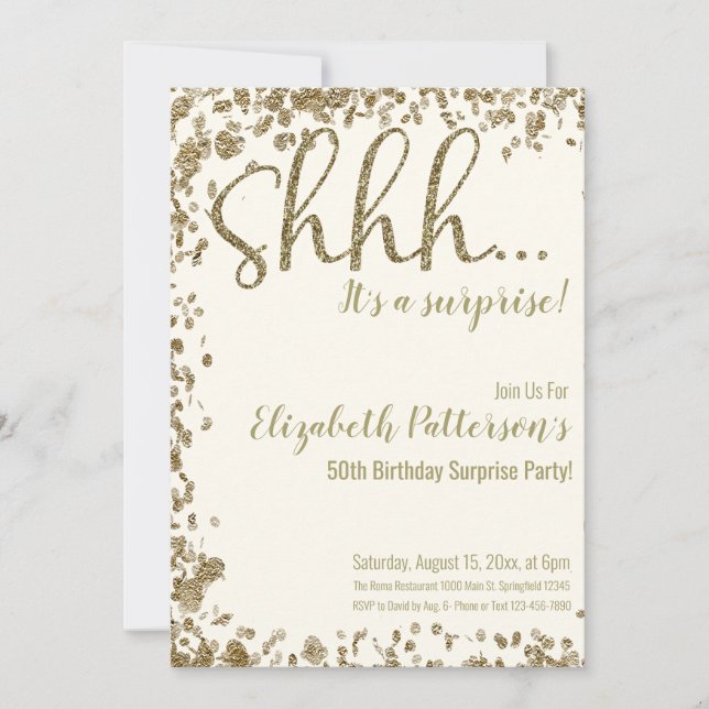 Shhh It's a Surprise Birthday Party Gold Adult  Invitation (Front)