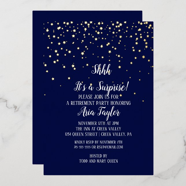 Shhh It's a Surprise Confetti on Navy Blue Gold (Front/Back)