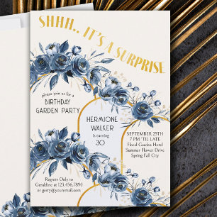 Shhh It's a Surprise Gold Arch Blue Rose Birthday  Invitation