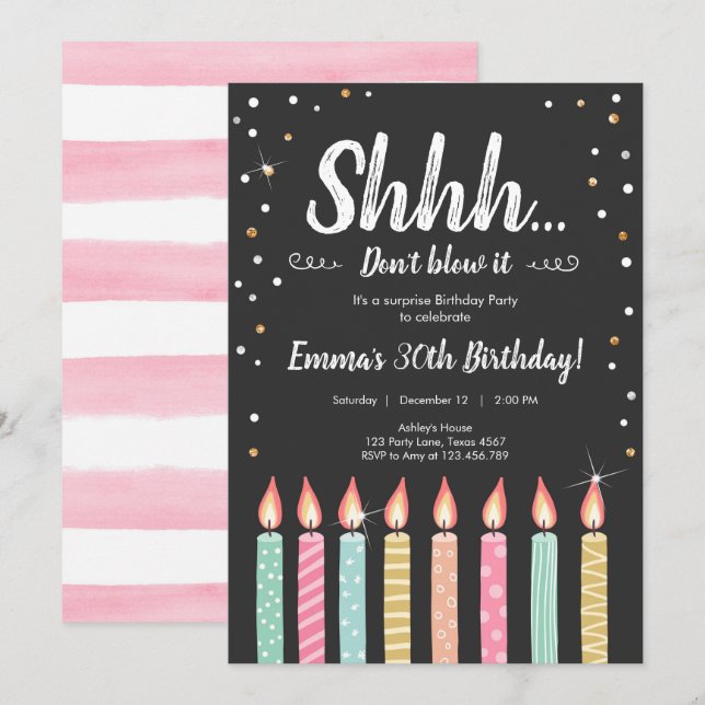 Shhh It's a Surprise Gold Confetti Birthday Party Invitation (Front/Back)