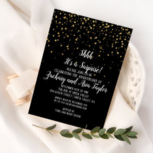 Shhh It's a Surprise Gold Confetti on Black Party Invitation