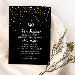 Shhh It's a Surprise Gold Confetti on Black Party Invitation