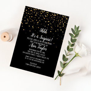 Shhh It's a Surprise Gold Confetti on Black Party Invitation