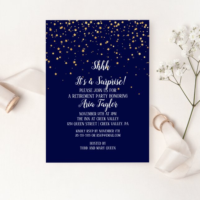 Shhh It's a Surprise Gold Confetti on Navy Blue Invitation (Creator Uploaded)