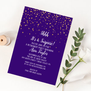 Shhh It's a Surprise Gold Confetti on Purple Party Invitation