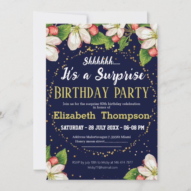 Shhh it's a surprise modern floral glitter 60th invitation (Front)
