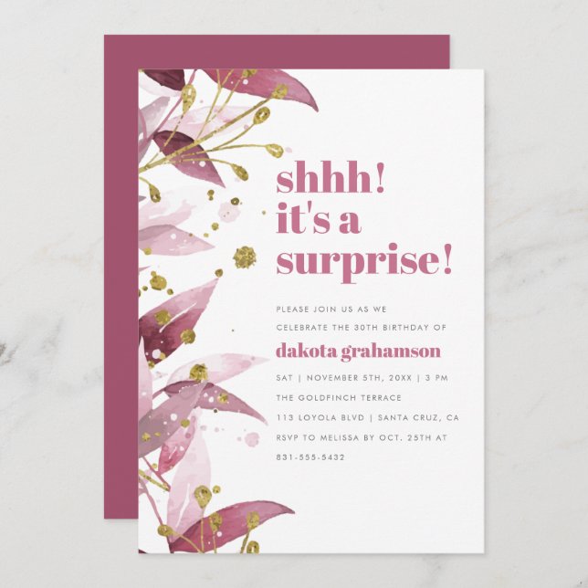 Shhh! It's A Surprise! | Purple Leaves Birthday Invitation (Front/Back)