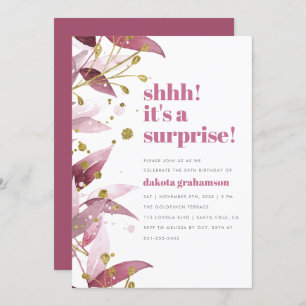 Shhh! It's A Surprise!   Purple Leaves Birthday Invitation