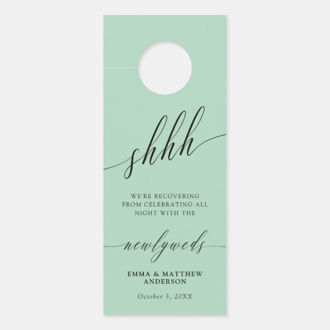 Shhh Sage Green Calligraphy Do Not Disturb Wedding Door Hanger (Front)