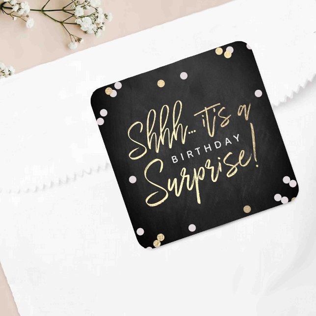 Shhh... Surprise Birthday Party Favour Square Sticker (Creator Uploaded)
