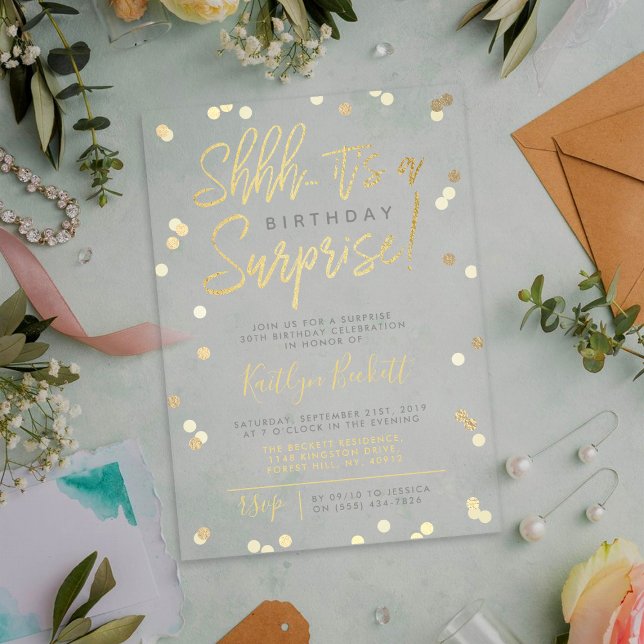 Shhh... Surprise Birthday Party Gold Foil Confetti Acrylic Invitations (Creator Uploaded)