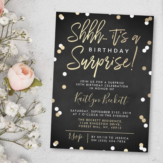 Shhh... Surprise Birthday Party Gold Foil Confetti Invitation (Creator Uploaded)
