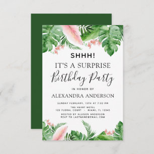 Shhh Surprise Birthday Party Tropical Palm Floral Invitation