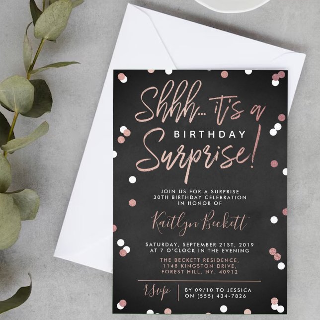 Shhh... Surprise Birthday Rose Gold Foil Confetti Invitation (Creator Uploaded)