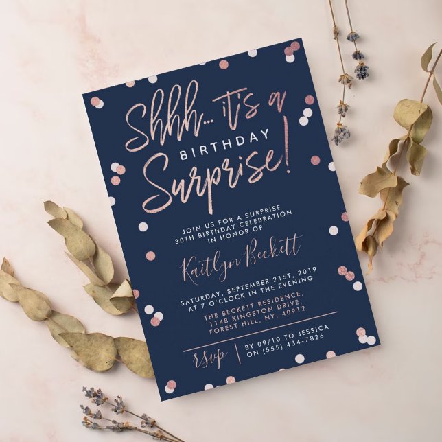 Shhh... Surprise Birthday Rose Gold Foil Confetti Invitation (Creator Uploaded)