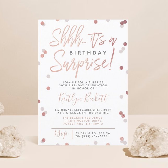 Shhh... Surprise Birthday Rose Gold Foil Confetti Invitation (Creator Uploaded)