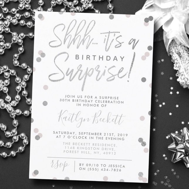 Shhh... Surprise Birthday Silver Foil Confetti Invitation (Creator Uploaded)