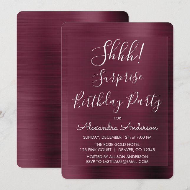 Shhh! Surprise Burgundy Birthday Party Invitation (Front/Back)