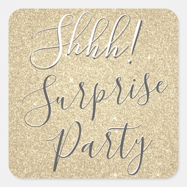 Shhh! Surprise Gold Birthday Party Square Sticker (Front)