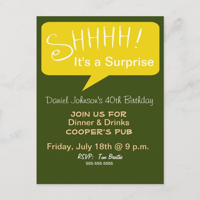 Shhh Surprise Party - Green & Gold Invitation Postcard (Front)