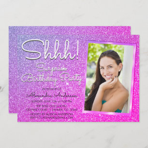 Shhh! Surprise Purple Pink Birthday Party Photo Invitation