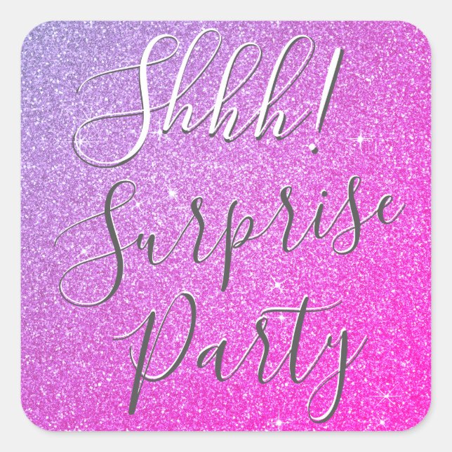 Shhh! Surprise Purple Pink Birthday Party Square Sticker (Front)