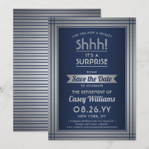 Shhh! Surprise Retirement Party Elegant Navy Blue Save The Date