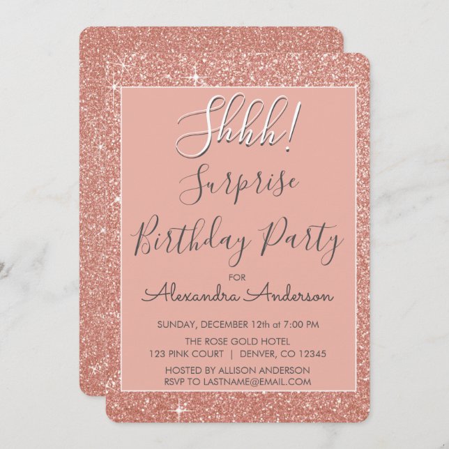Shhh! Surprise Rose Gold Birthday Party Invitation (Front/Back)