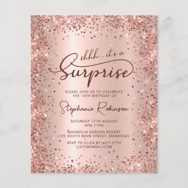 Shhh Surprise Rose Gold Sweet 16 Birthday Invite (Front)