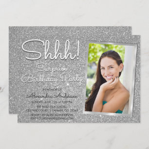Shhh! Surprise Silver Birthday Party Photo Invitation